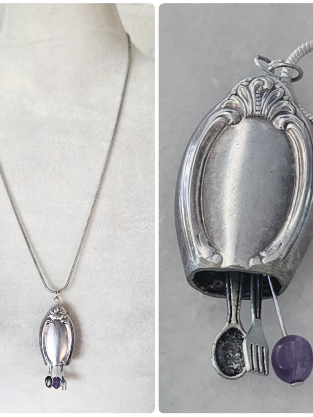 Vtg Sterling Silver Spoon Charm Necklace, 22", Romantic